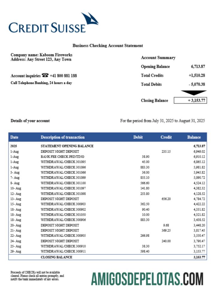 Realista Swiss Credit Suisse Company Extrato de conta corrente modelo Word e PDF